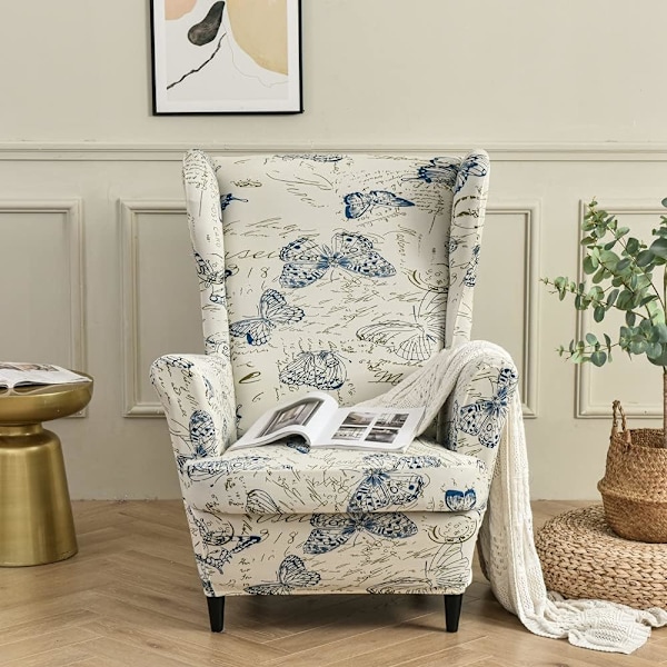 Stretch Wingback fåtöljöverdrag 2 delar fåtöljöverdrag med T-kuddeöverdrag, tryckt halkfri fåtöljöverdrag, för vardagsrum, hotell, sovrum