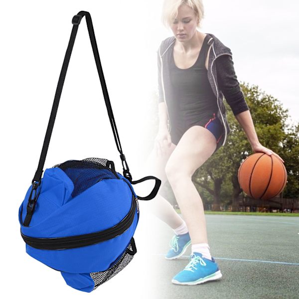 Rund basketbollväska i mesh Oxford-tyg fotbollsförvaringsväska för inomhusmotion sportBlå tyg med svarta kanter