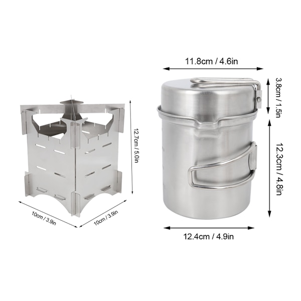 Camping Bärbar Rostfritt Stål Pot Träspis Set Spis Kombination för Utomhus Resor Vandring Picknick