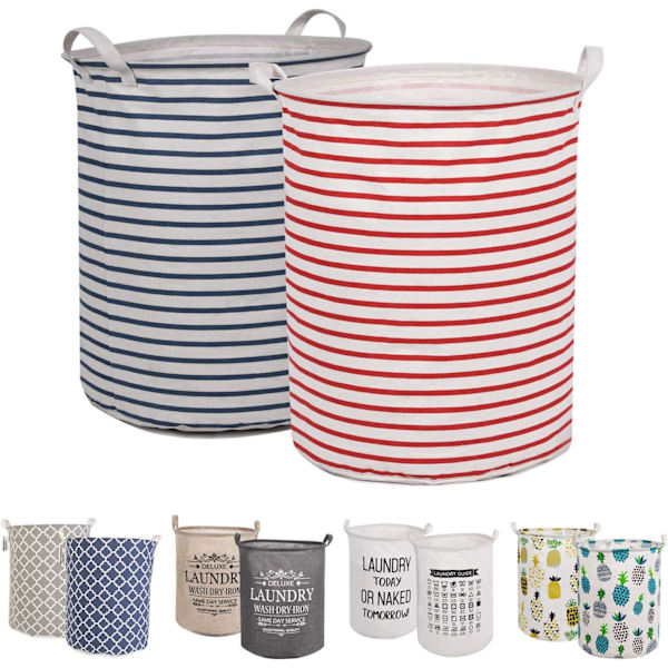 2PCS 17,7\" Tvättkorg Förvaring Sorterare, Pop Up Tvättkorgar, Vattentät Rund Bomull Linne (Ränder, Förtjockad 17,7\"/Medium)