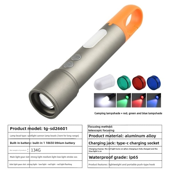 Multifärgade ficklampor, handsfree-bekvämlighet med snabbladdningsbar USB-C LED-ficklampa, portabel utrustning för camping, jakt och