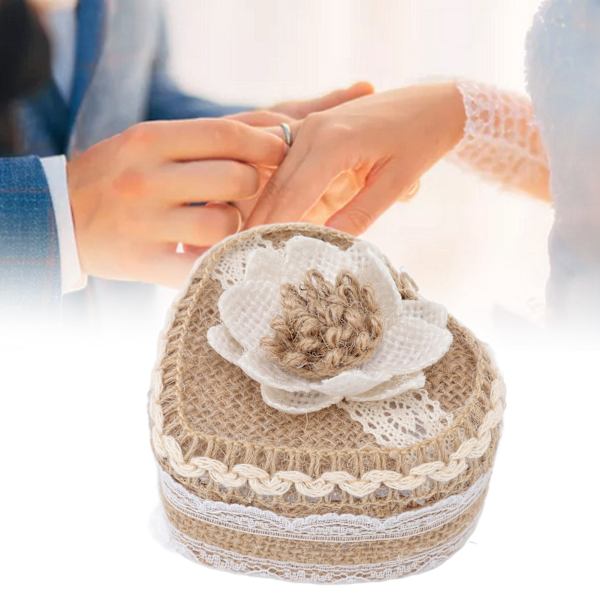 Hjärtformad ringpresentask i linne med stickad söt dekoration för smycken brosch örhängen typ 1