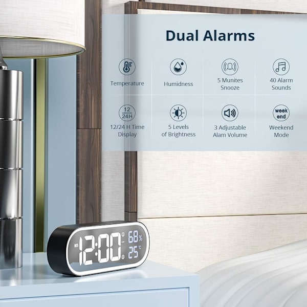 Spegels digital väckarklocka, LED digital klocka, stor tids-/temperatur-/fuktighetsdisplay, 40 musikringsignaler, snooze, bärbar morgonväckarklocka, USB