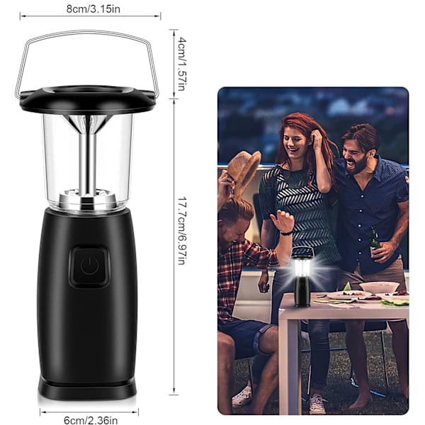 Campinglampa solvev, handvevlampa, LED camping handvevlykta USB laddningsbar handhållen lampa | Dynamolampa | Powerbank | 3 ljusstyrkeinställningar för fiske