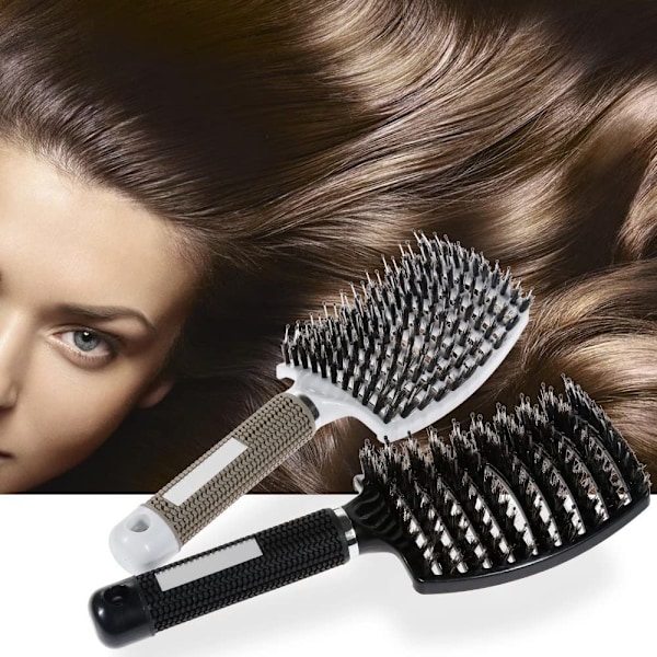 Hårborste med vildsvinsborst, böjd ventilerad hårborste, vildsvinsborst hårborttagningsborste lämplig för tjockt, tunt, lockigt och vått hår
