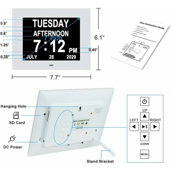 Digital klocka för äldre, ur med fullständiga dag, datum och tid, stöder 8 språk, högkontrastdisplay och automatisk dimning för