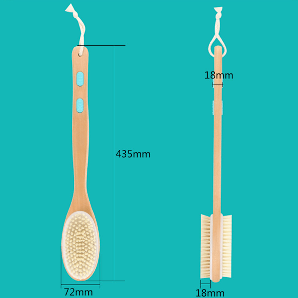 Duschborste med mjuka och styva borst, exfolierande hud och en mjuk skrubb, dubbelsidigt borsthuvud för våt eller torr borstning, speciellt långt trä