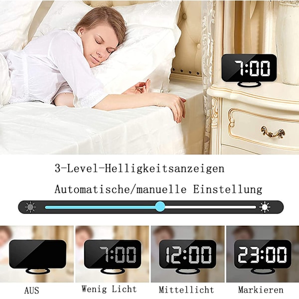 Digital väckarklocka, sängväckarklocka, LED-spegelväckarklocka, 2 USB-laddningsportar, snooze-läge, automatisk ljusstyrkejustering, enkel att ställa in, den