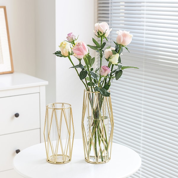 Vas för Pampasgräs, Glas Guld Hög Golvvas med Geometrisk Metallstativ, Blomkruka för Skandinavisk Dekoration, Centerpiece för Skrivbordskontor