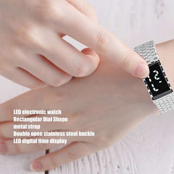 LED-klocka med dubbla öppningar i rostfritt stål, spänne i metall, rektangulär urtavla, digital armbandsur för utomhusaktiviteter, silver