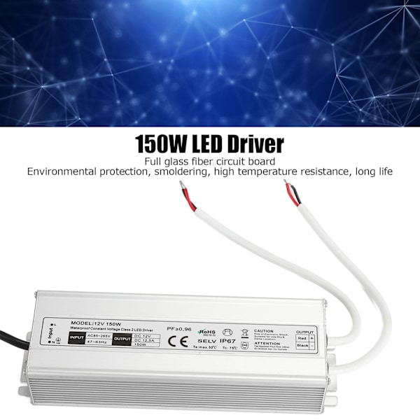 LED-drivr vattentät IP67 konstant spänning nätadapter transformator 150W AC85‑265V US-kontakt 12V 0‑12.5A utgång