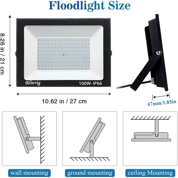 Utomhus LED-strålkastare, 100W utomhusstrålkastare, IP66 vattentät 10000LM kraftfull utomhus LED-strålkastare, strålkastare. för trädgård, garage, uteplats,