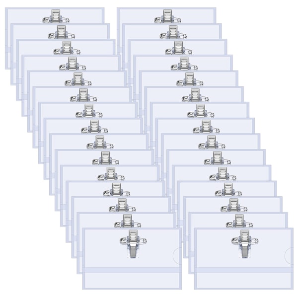 100-pack Namnskyltar 90x56mm Genomskinliga Klädnamnskyltar Klämma Namnskyltarfodral med Klämma ID-kort för Kontor Skola Resor