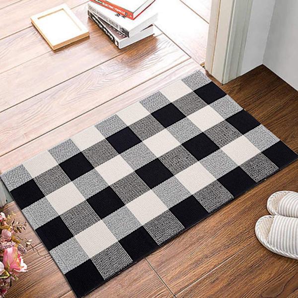 Svart och vit Rutig matta -60*90CM, Utomhus/Inomhus Front Veranda Rutig Dörrmatta, Välkommen Liten Matta Bomull Rutig Dörrmatta, Kök Bondgård