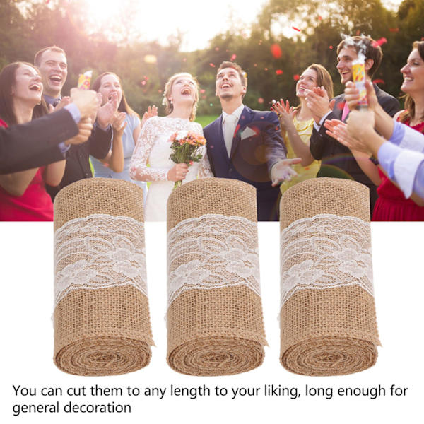 3 rullar Jute Lace Ribbon Enkel Elegant Jute Lace Ribbon Dekoration för Rustik Bröllop DIY Bågar 5.9inx7.5ft