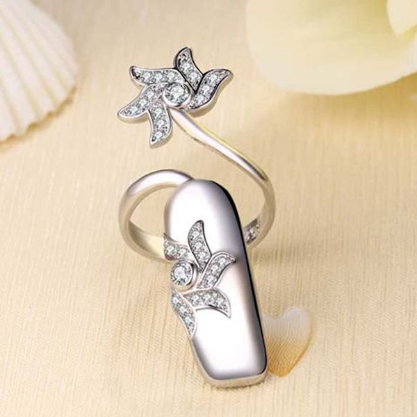 1 Set/ 4 st Rhinestone Fingernail Ring Finger Tip Justerbar Öppning Nail Art Charms Tillbehör för Kvinnor Flickor, Silver