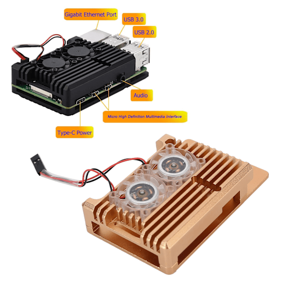 Kylskal i aluminiumlegering med fläkt för Raspberry Pi 4 B-modell Guld