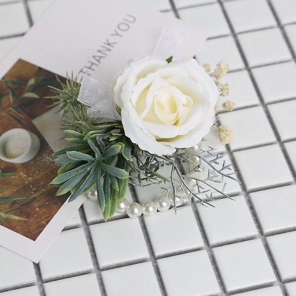 2PC simulerad bröllopsvit ros corsage - (handledsblomma+corsage)