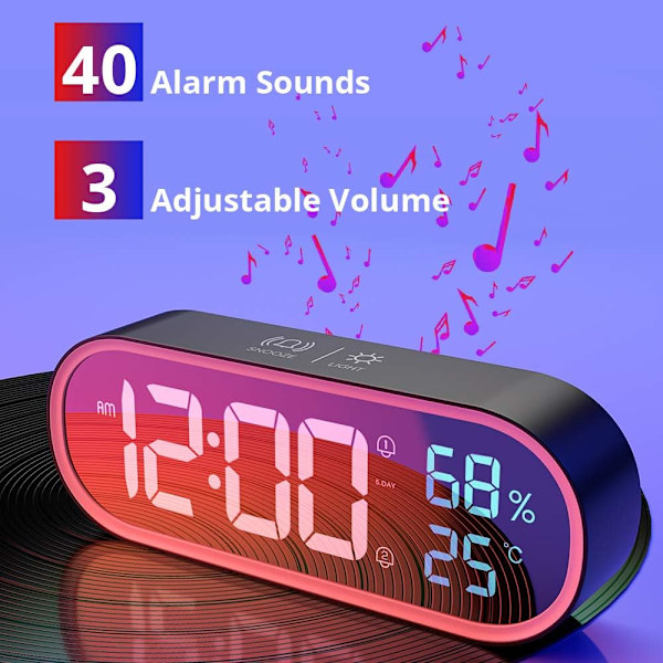 Spegels digital väckarklocka, LED digital klocka, stor tids-/temperatur-/fuktighetsdisplay, 40 musikringsignaler, snooze, bärbar morgonväckarklocka, USB