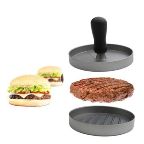 Hamburgarepress i rostfritt stål, biffpress med handtag, non-stick hamburgerpress