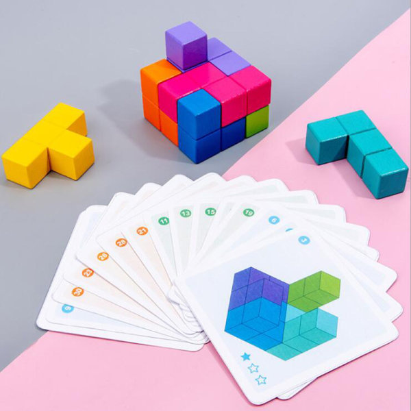 Träpussel, 3D Tetris Tangram-pussel med 7 färgglada kuber Pusselspel för barn vuxna