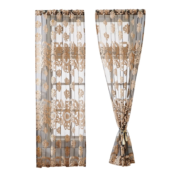 Broderade blommor polyester fönster slöja tyll gardin sovrum vardagsrum inredning (Coffe)