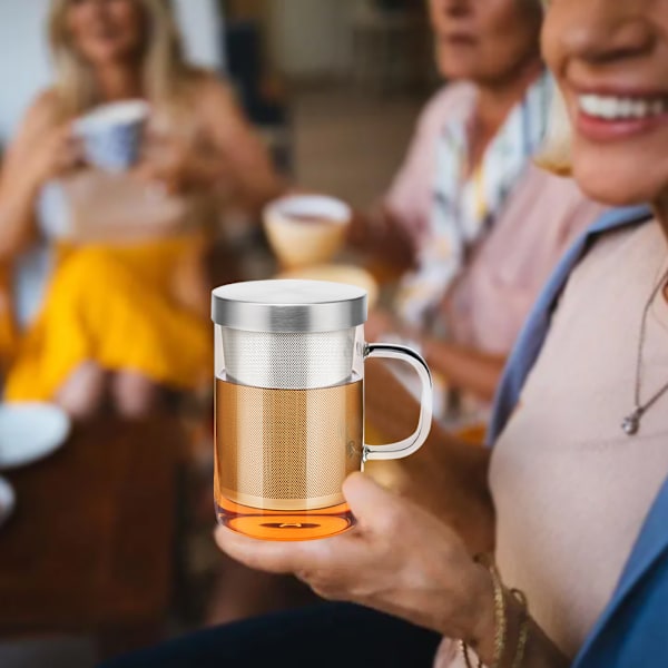 Glas Tekopp för Bryggning Hemma och på Kontoret, Sil i Rostfritt Stål med Lock, Borosilikatglas Tål Extrema Temperaturer