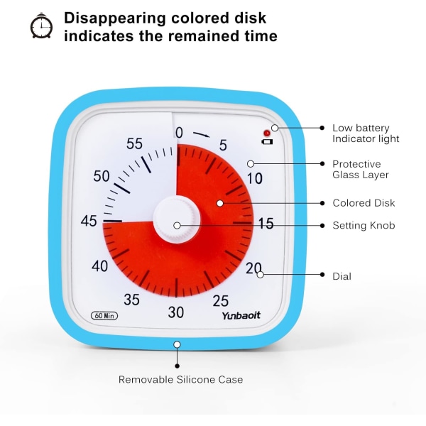 Visuell timer, uppgraderad 60 minuters nedräkningstimer för barn och vuxna med påminnelse om låg batterinivå, tyst tidsstyrningsverktyg med valfri varning (blå)