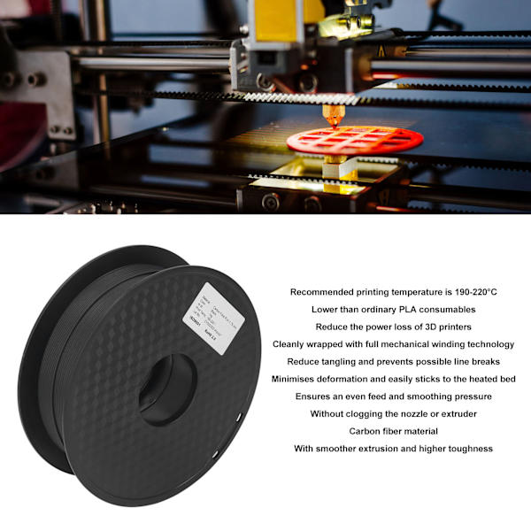 1,75 mm PLA-filament med kolfiber, smidigare extrudering, snabb utskrift, bra hållfasthet, 3D-skrivarfilament