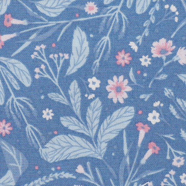 Växt Blom Bomullstyg  Blommig Patch Work DIY Handgjorda Material Sytillbehör400304- Flora-Blå