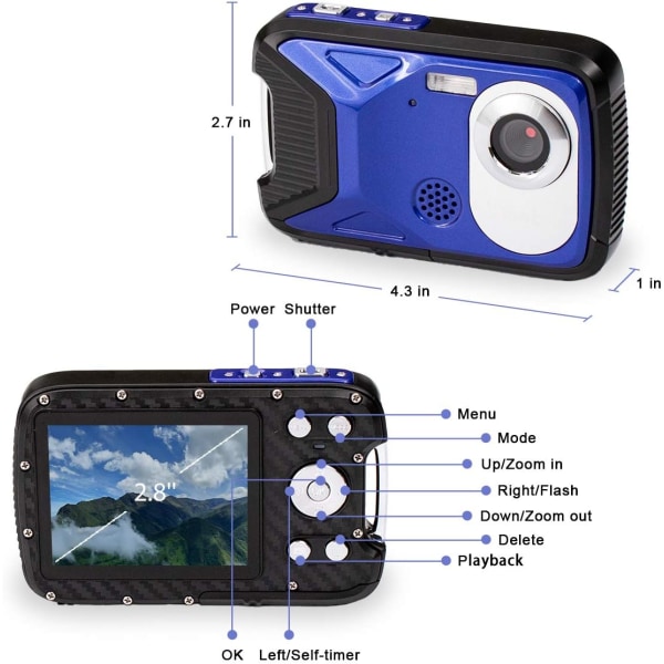 Vattentät digitalkamera GDC8026 / 8x digital zoom / 16 MP / 1080P FHD / 2,8\" TFT LCD-skärm / undervattenskamera för