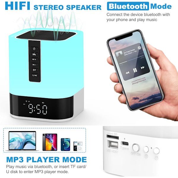 Multifunktionell Nattlampa, Perfekt 360-Graders Ljud Bluetooth-Högtalare för Sovrum Väckarklocka, Dimbar Flerfärgad Touch Sensor LED-Lampa