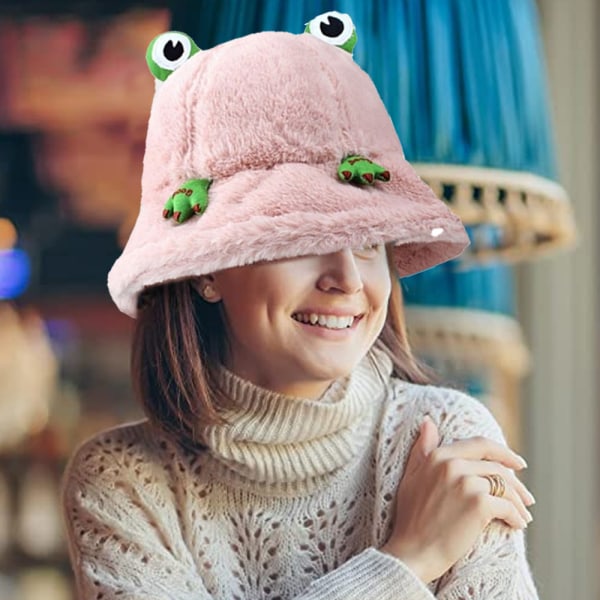 Bucket Hat with Frog Eyes Söt plysch groda Fisherman Hat Winter