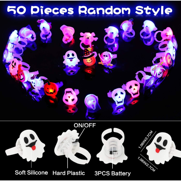 50-pack Halloween LED-ljusringar för barn, lyser i mörkret, festtillbehör, Halloween-leksaker, godispåsefyllning