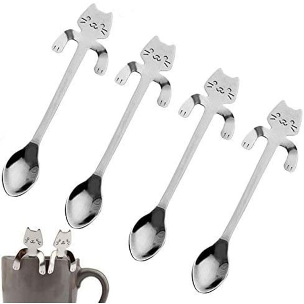 4 st rostfritt stål kaffesked Mini Cat Kitty Hängkopp