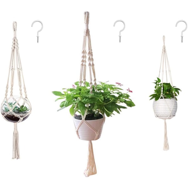 3-pack Macrame-växtupphängning och 3 st krokar inomhus utomhus hängande växtkorg hängande planteringsställ blomkrukor för dekorationer $Macrame-växt