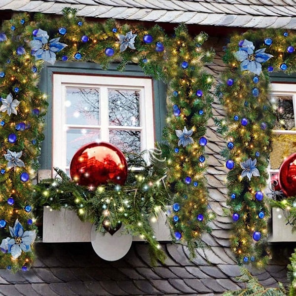Charmig Förbelyst Julgirlang, Silverblå Vinterdekor Med Automatisk Strömbrytare Och 8 Ljuseffekter, Lämplig För Ytterdörr Och Spiselkrans