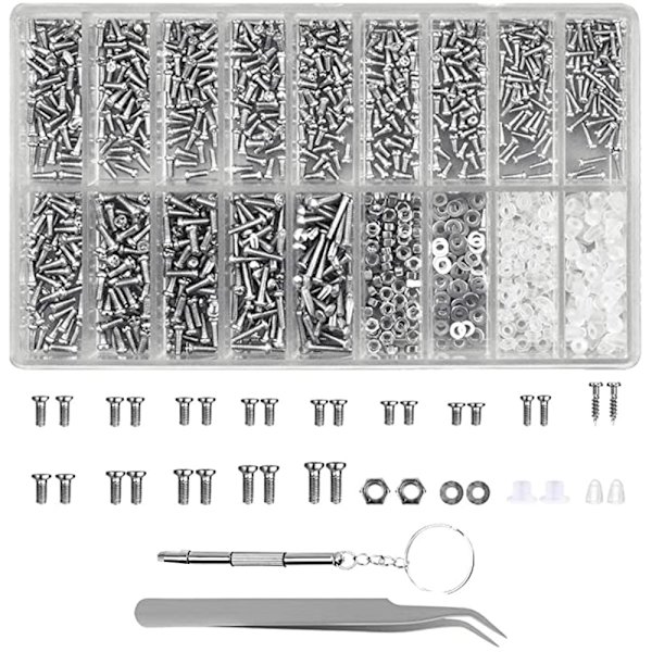 1100-delad glasögon skruvreparationsset, urmakarskruvreparationsset, miniläsglasögon skruvar, muttrar, skruvar, ersättningsset, sortiment med skruvmejslar