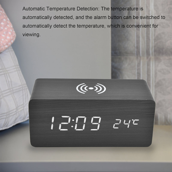 Digital väckarklocka trådlös laddning automatisk temperaturdetektering säker stabil LED elektronisk klocka svart