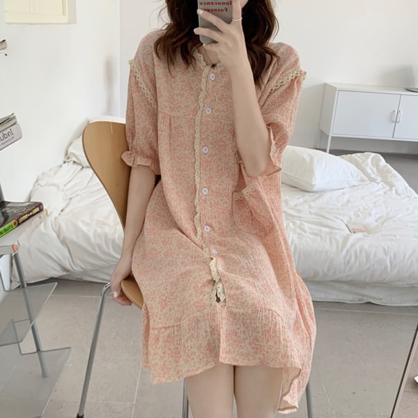 Japansk spetsblommig bomullsgaze nattlinne dam kortärmad sommar cardigan lös pyjamas huskläder pink
