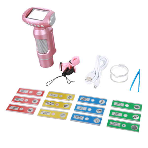 Barnmikroskopkit 1080P Bärbar Handhållen Elektronisk Digital Mikroskop med 2 Tums Skärm för Utomhus Rosa