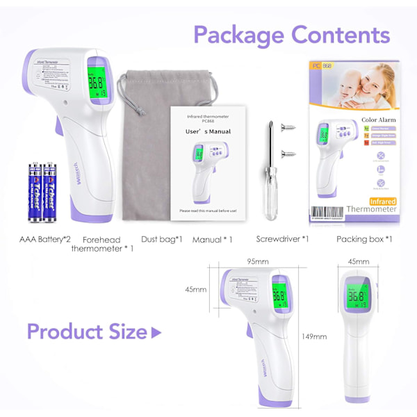 Vuxenpann termometer, infraröd pann termometer, 2 i 1 kontaktfri baby vuxen objekt termometer, infraröd termometer med feberlarm,