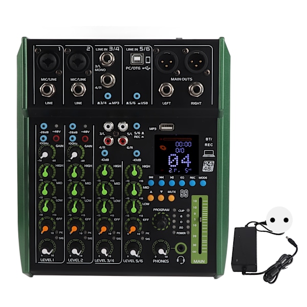 Digital Mixer Metall 6-kanals Ljudmixer med Inbyggd Bluetooth-modul för Små Klubbar Barer 100 till 240V EU-kontakt