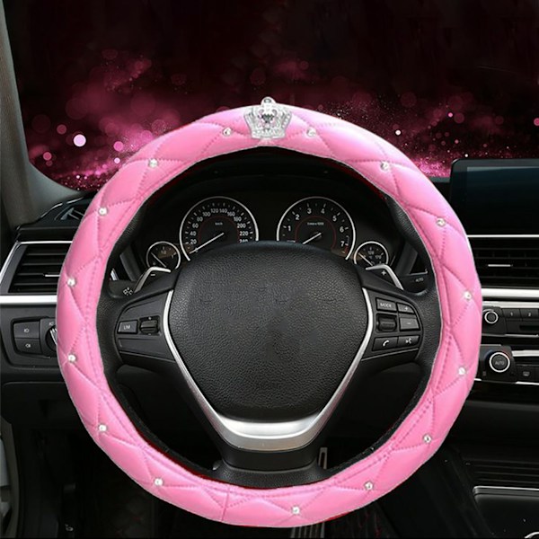 Rattmuff för Kvinnor Söt Universal Antislip Pu Läder Strass Bil Rattmuff Rosa