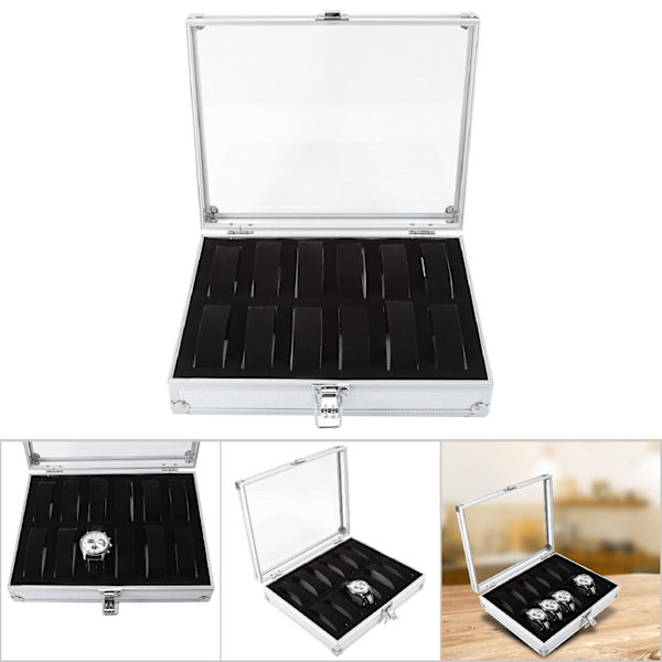Klockförvaringslåda, Elegant Skrivbordslåda i Aluminium med Transparent Glaslock, Säker Metallspänne för Klockor Smycken och Pärlor (12 Fack)