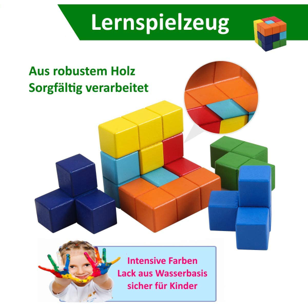 Träpussel, 3D Tetris Tangram-pussel med 7 färgglada kuber Pusselspel för barn vuxna