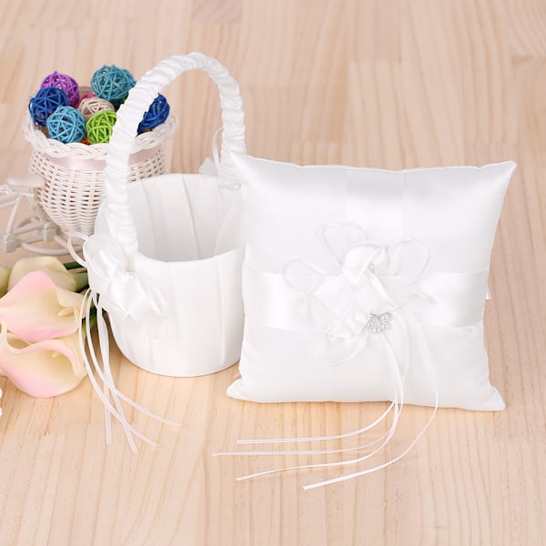 7 * 7 tum Elfenbensvit Satin Blomma Rosett Ringbärare Kudde och Bröllop Blomsterflicka Korg Set