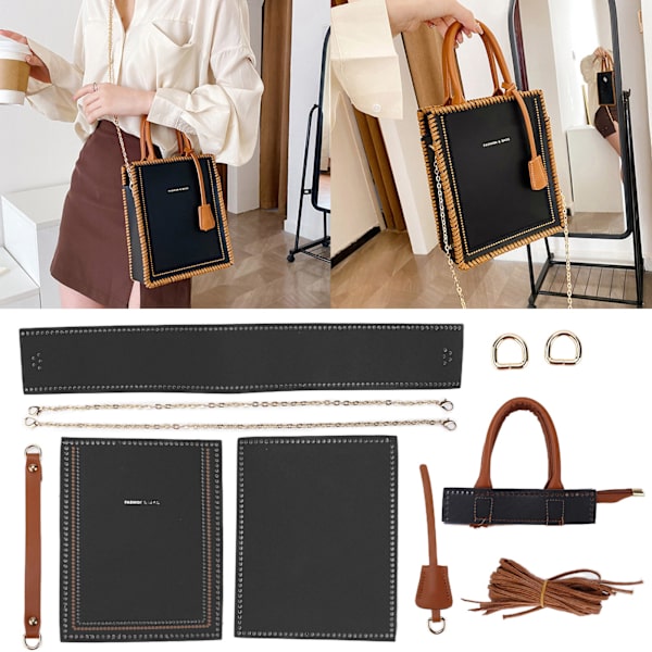 DIY virkad väska handgjord fashionabel stil legering konstläder handväska för hantverksälskare (svart)