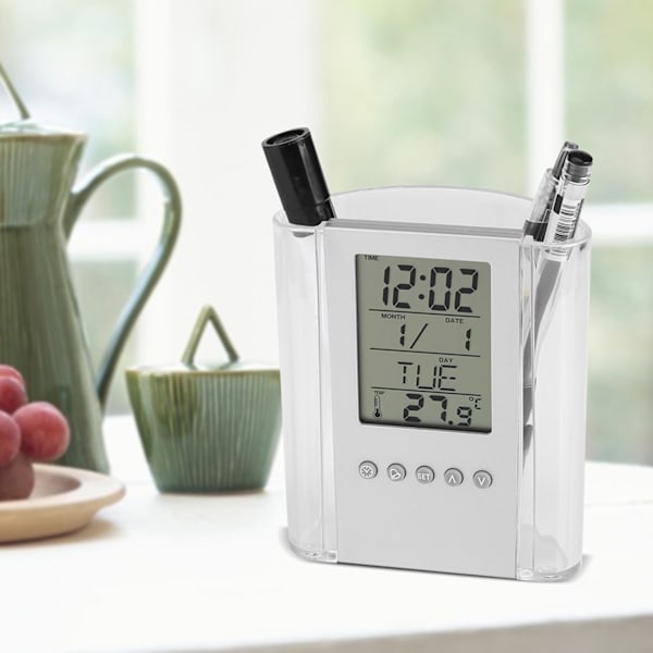 Multifunktionell pennhållare digital skrivbordsalarmklocka kalender temperaturtimer