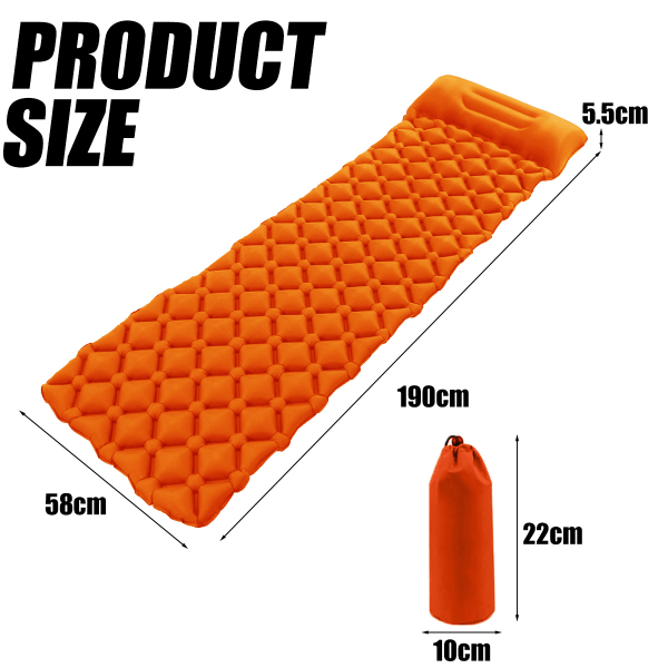 Sovsäck - Ultralätt uppblåsbar liggunderlag, ultimat för camping, backpacking, vandring - Luftmadrass, uppblåsbar väska, bärväska - Orange